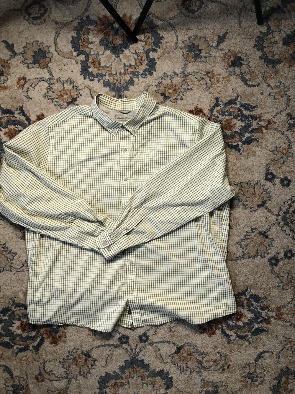 Eddie Bauer Shirt Mens 3XL Classic Fit Yellow Green Plaid Long Sleeve Button Up